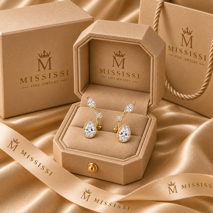 Drift Arc Pear and Marquise Lab-Grown Diamond Ear Climbers in champagne MISSISSI packaging, AI-generated visualization