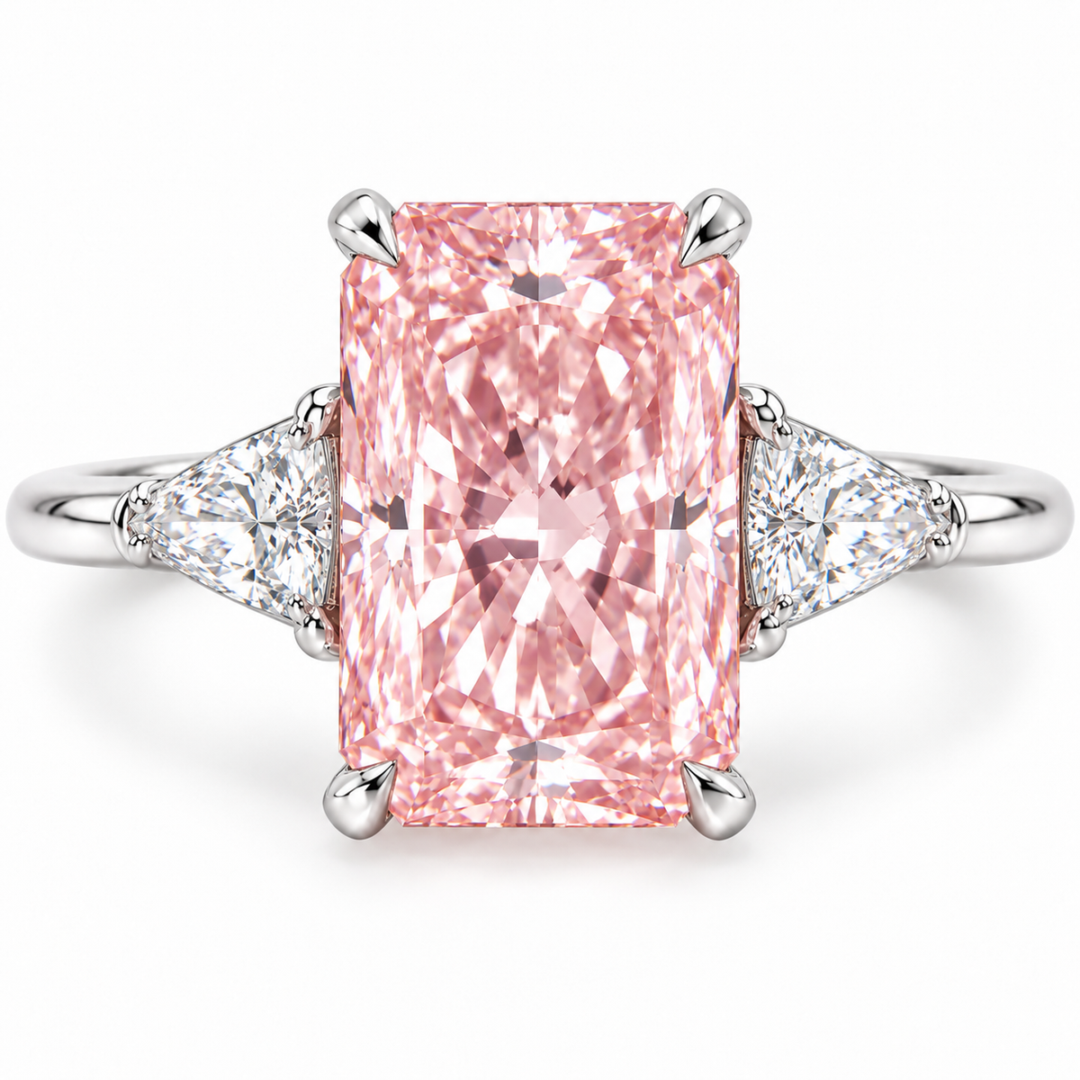 Close-up AI view of the pink rectangular brilliant center, four corner claws and triangular side accents.