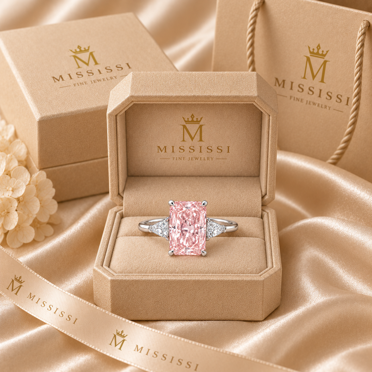 AI packaging illustration of the pink rectangular-center ring in a champagne-beige MISSISSI ring box with matching carton, bag and ribbon.