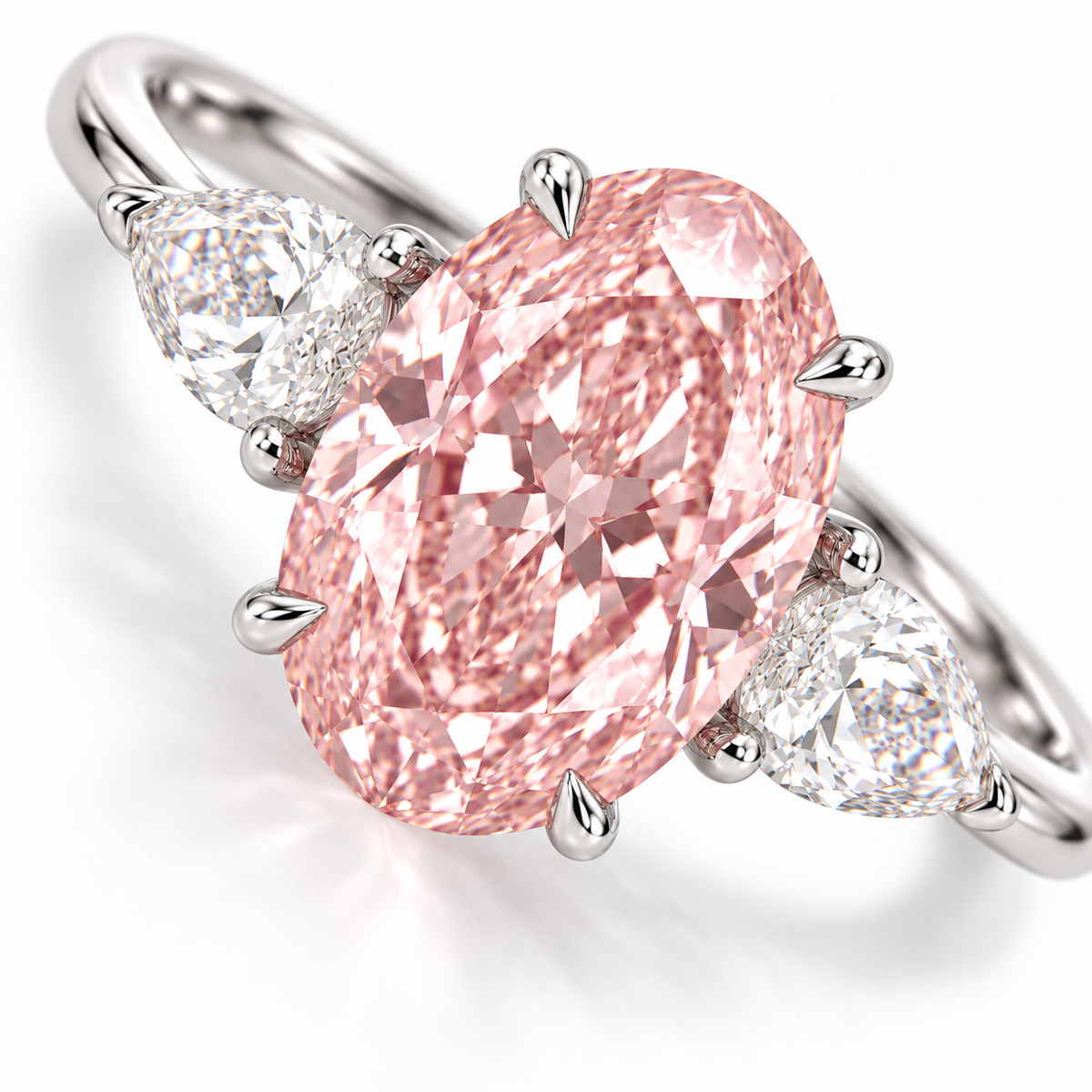 Tight diagonal top-detail AI view of the oval pink center, four claws and two pear-shaped white side stones.
