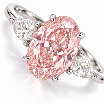 Tight diagonal top-detail AI view of the oval pink center, four claws and two pear-shaped white side stones.