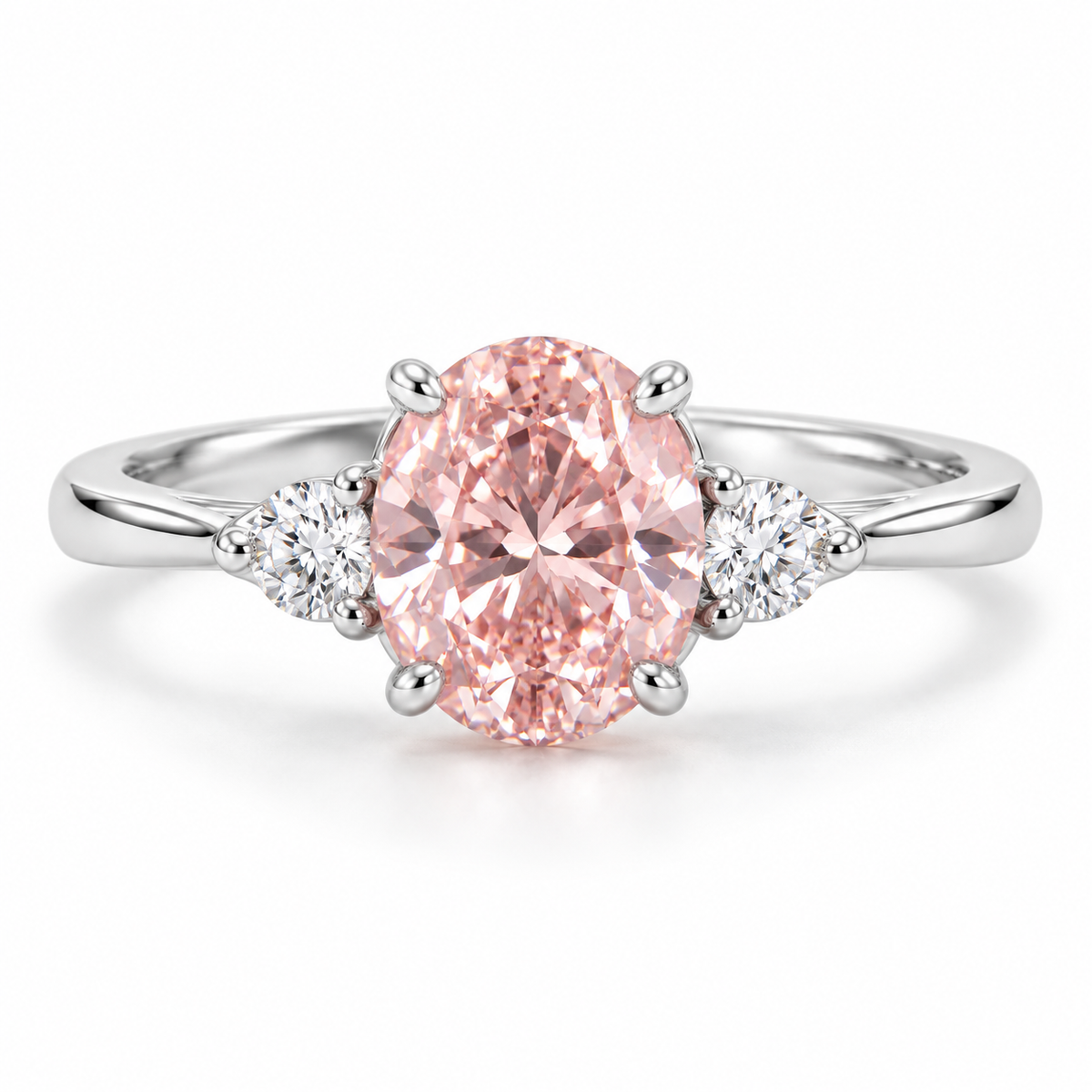 Front AI design preview of a soft oval pink lab-grown diamond ring with two small round white side stones in white-gold appearance.