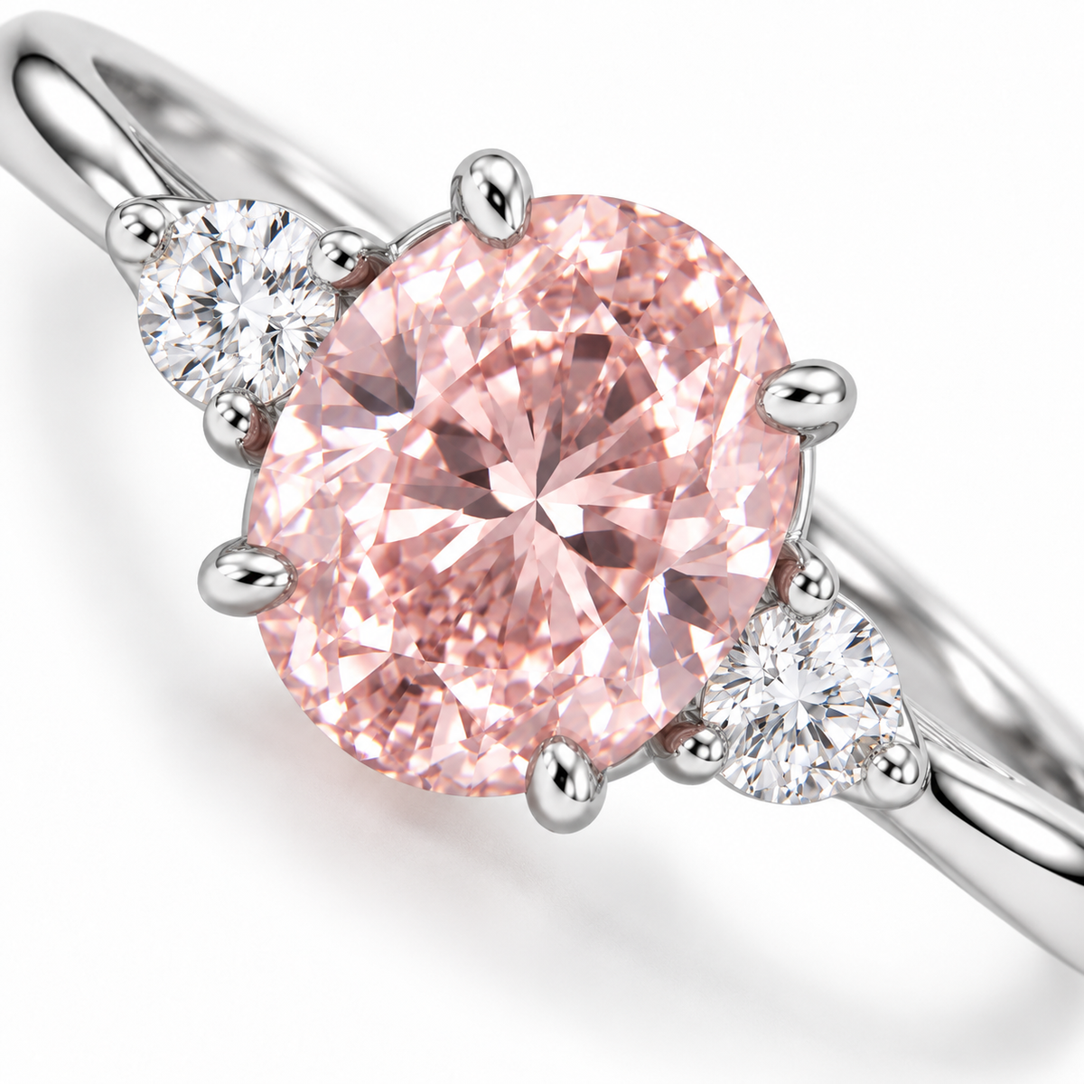 Tight diagonal top-detail AI view of the soft oval pink center, four rounded claws and two round white side stones.