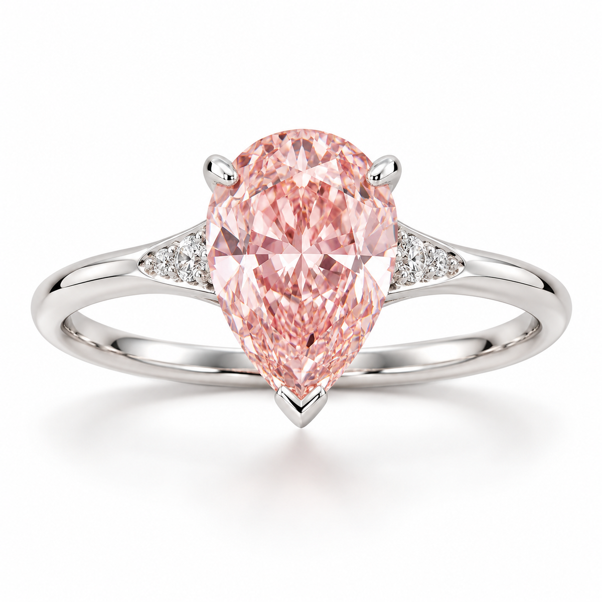 Front AI design preview of a pear-shaped pink lab-grown diamond ring with a V-tip and tapered white diamond shoulder accents in white-gold appearance.