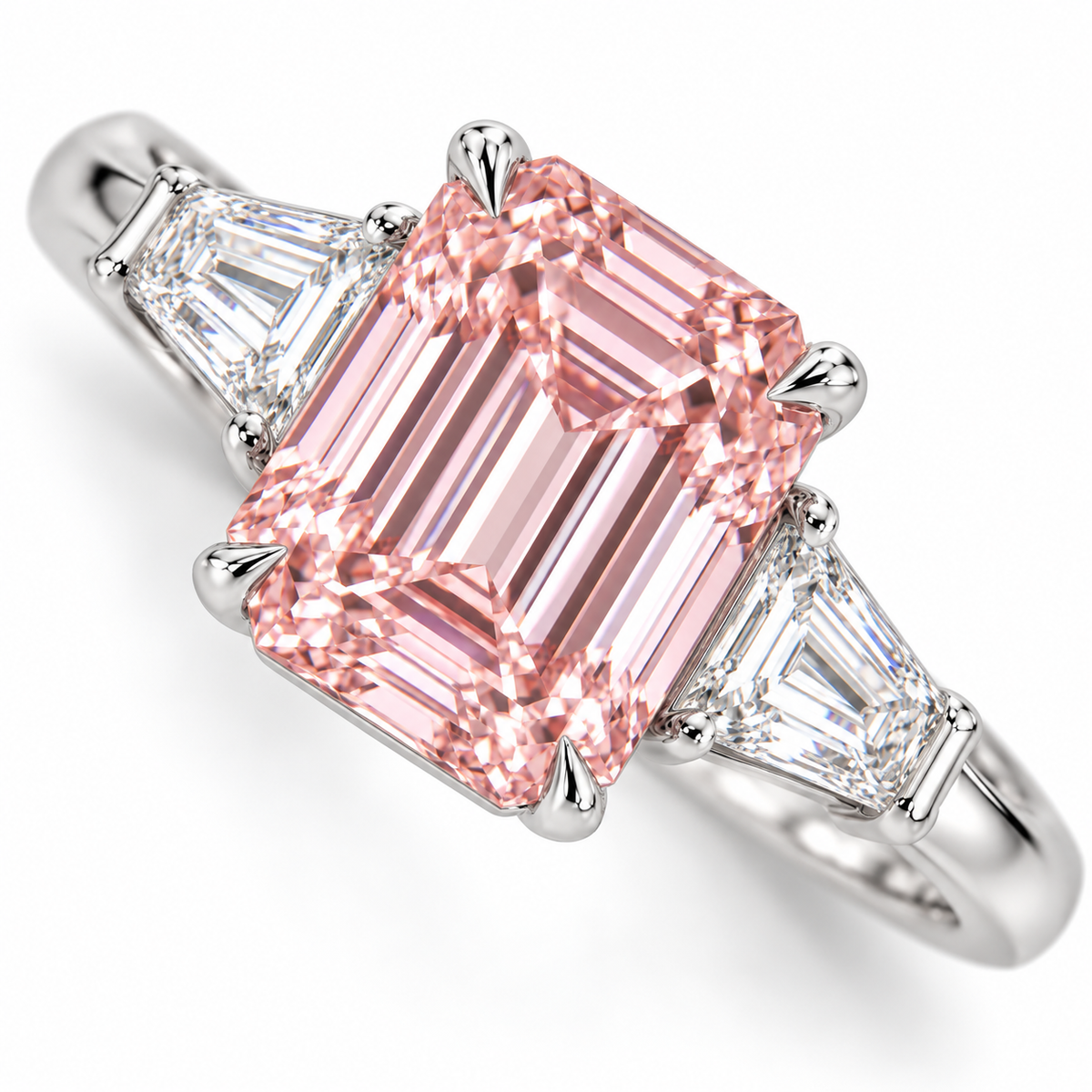 Tight diagonal top-detail AI view of the emerald-cut pink center's step facets and paired tapered white step-cut side stones.