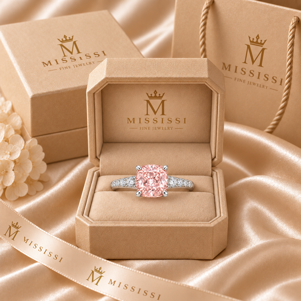 AI illustration of the cushion pink-diamond ring in a champagne-beige MISSISSI ring box with matching carton, bag and ribbon.