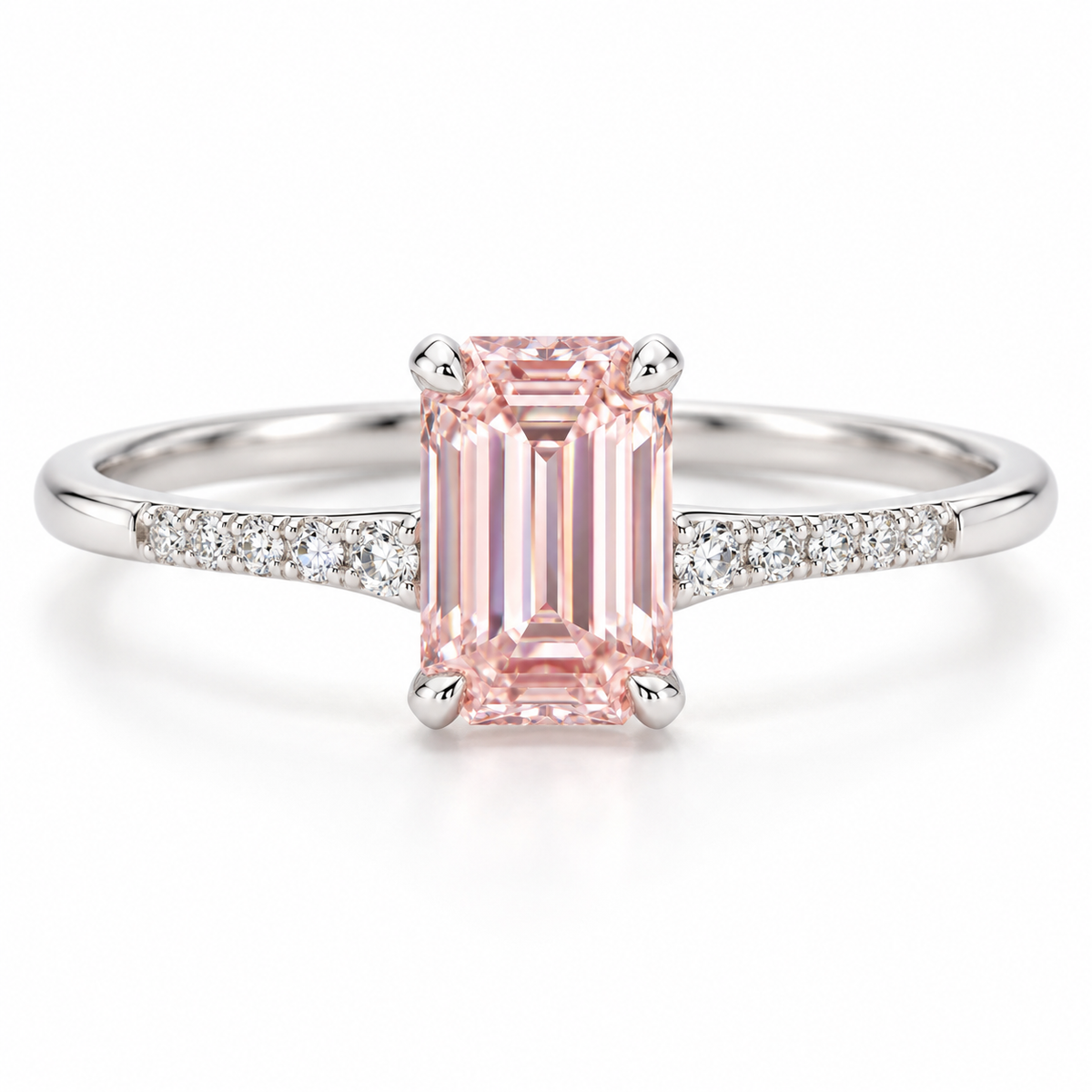 AI front design view of a slender emerald-cut pink lab-grown center with fine pavé shoulders in white gold.