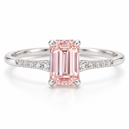 AI front design view of a slender emerald-cut pink lab-grown center with fine pavé shoulders in white gold.