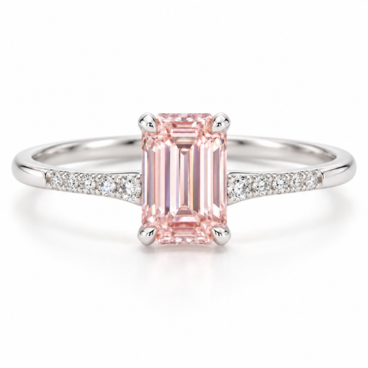 AI front design view of a slender emerald-cut pink lab-grown center with fine pavé shoulders in white gold.