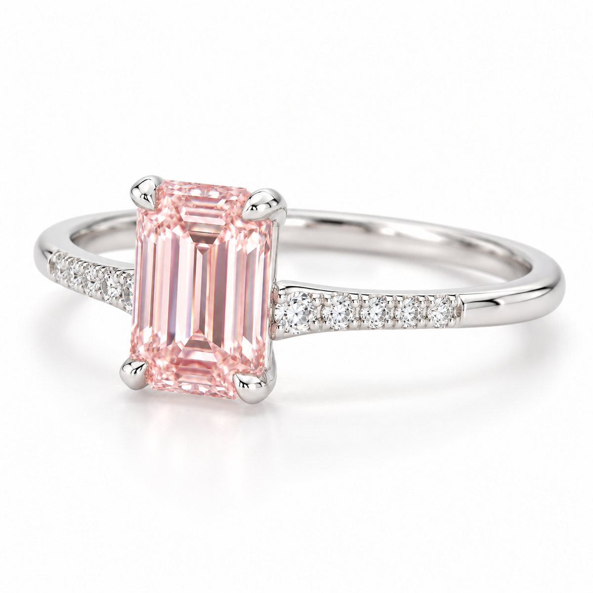 Left oblique AI view of the slender pink step-cut center and a single line of white shoulder accents.