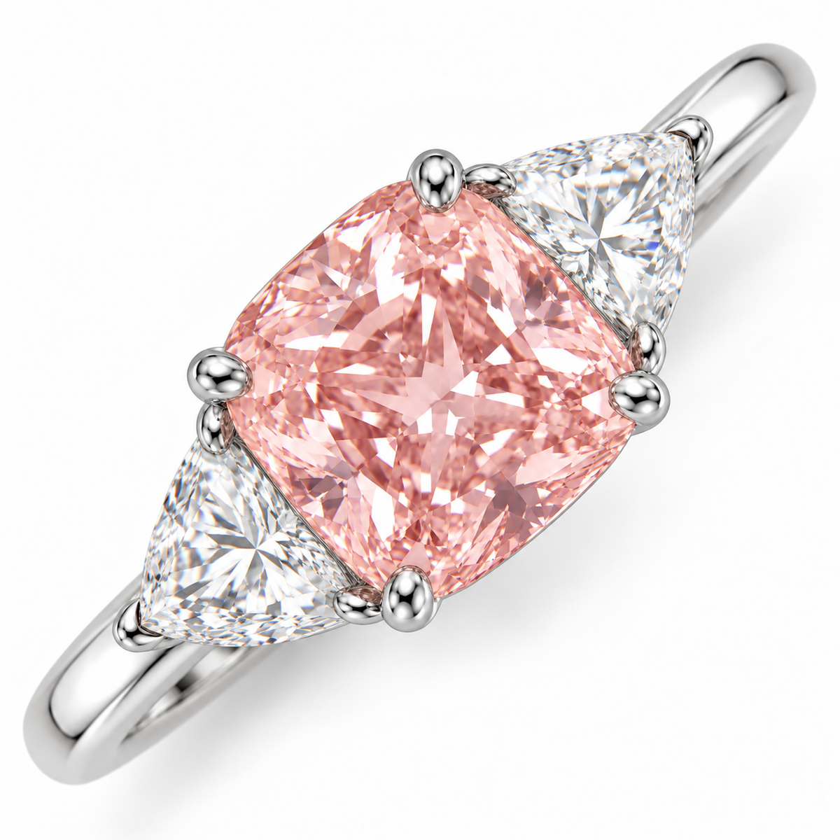 Diagonal close-up AI view of the pink cushion center, corner claws and triangular side diamonds.