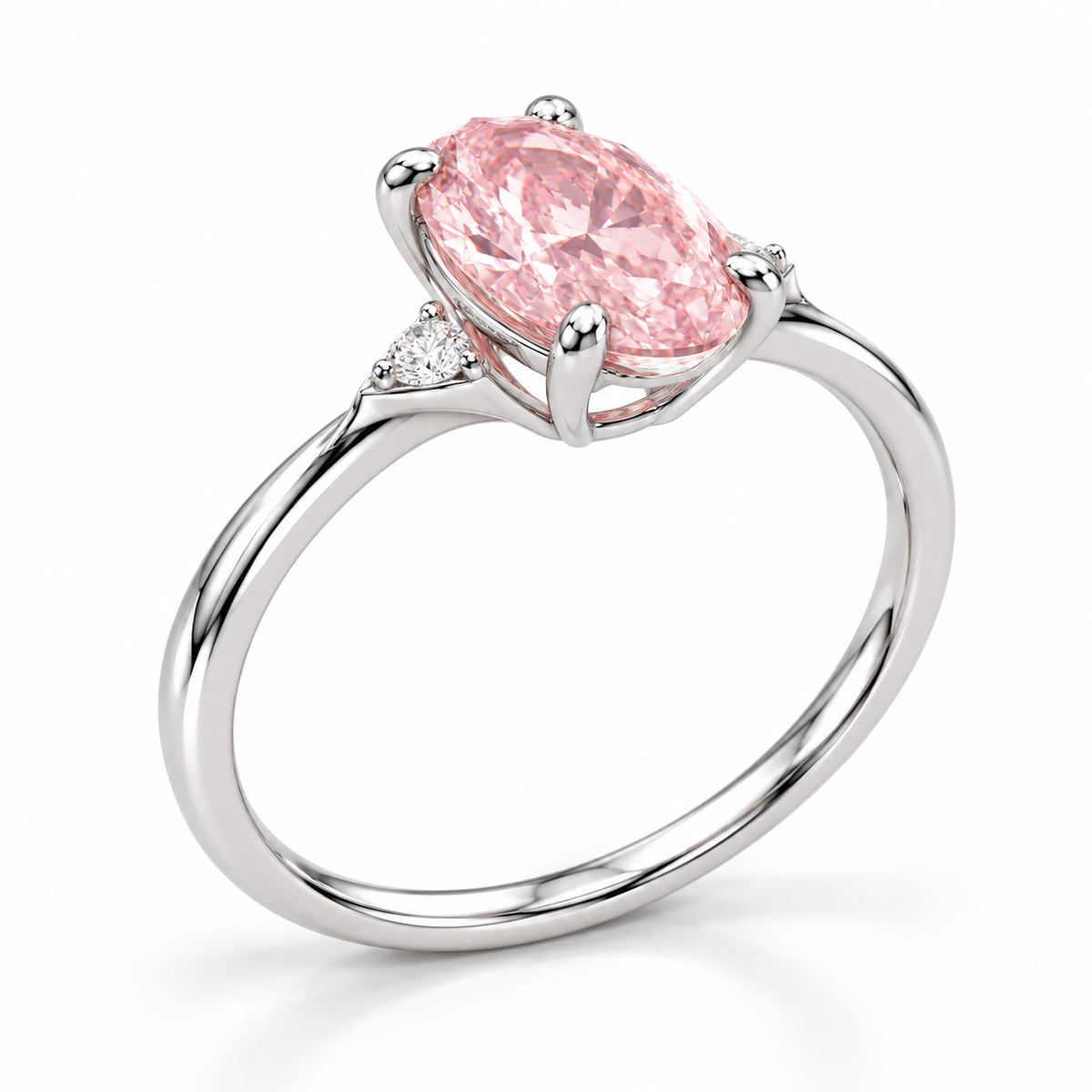 Low oblique AI view showing the simple open four-claw oval setting and fine polished band.