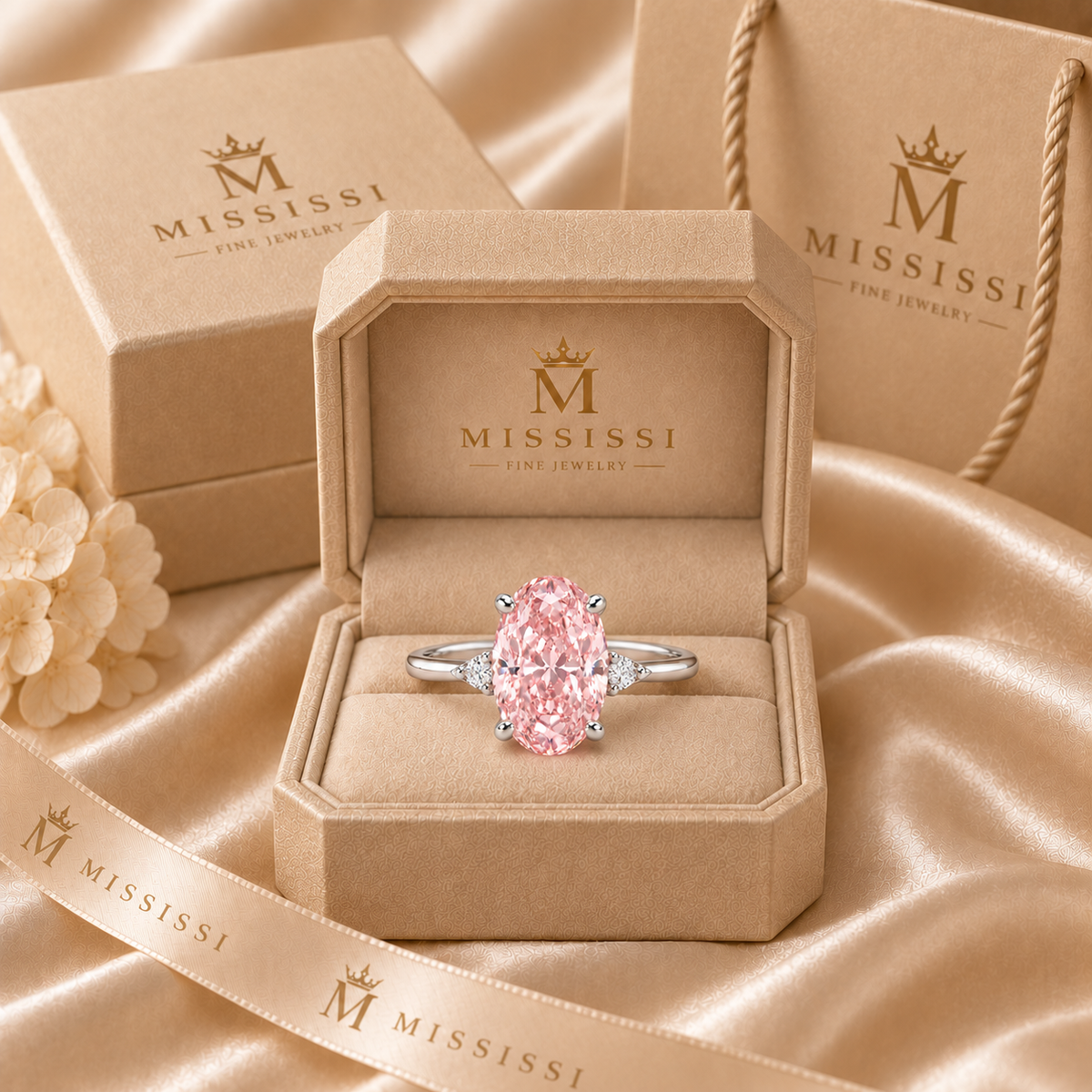 AI illustration of the delicate oval pink ring in a champagne-beige MISSISSI ring box with matching carton, bag and ribbon.