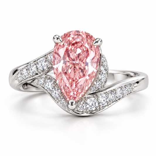 AI front design view of a pear-shaped pink lab-grown center with sweeping diamond-set bypass shoulders in white gold.