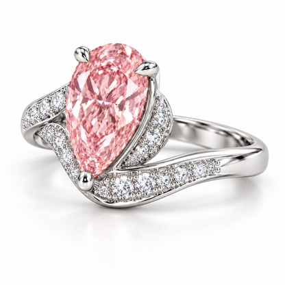Opposite oblique AI view showing the pink pear setting and diamond-set flowing shoulder curves.