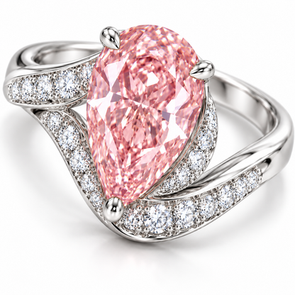 Close-up AI view of the pink pear center, three supporting claws and the sweeping pavé curves.