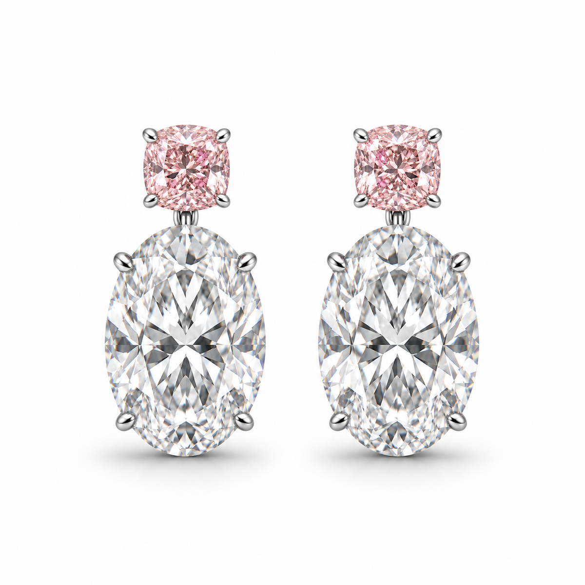 AI design illustration of a pair of pink cushion and oval diamond drop earrings in platinum, front view on white.