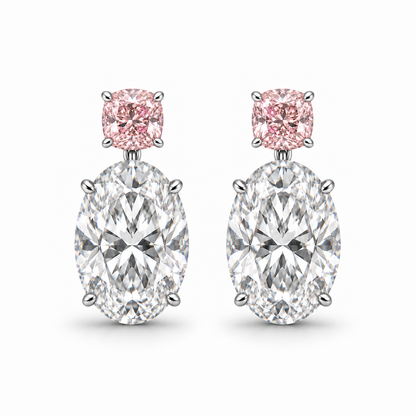 AI design illustration of a pair of pink cushion and oval diamond drop earrings in platinum, front view on white.