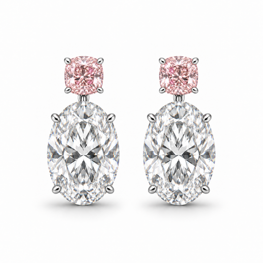 AI design illustration of a pair of pink cushion and oval diamond drop earrings in platinum, front view on white.