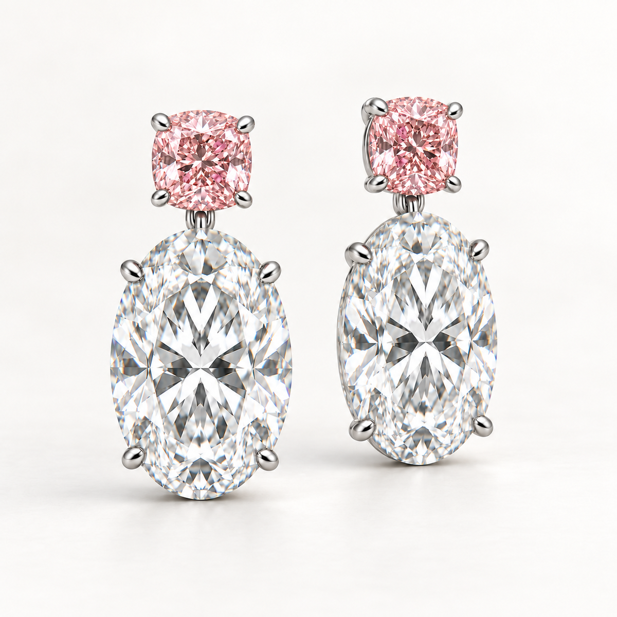 AI design illustration of the pink cushion and oval diamond earring pair from a gentle front angle.