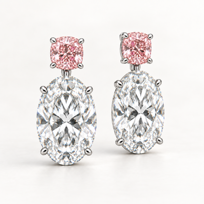 AI design illustration of the pink cushion and oval diamond earring pair from a gentle front angle.