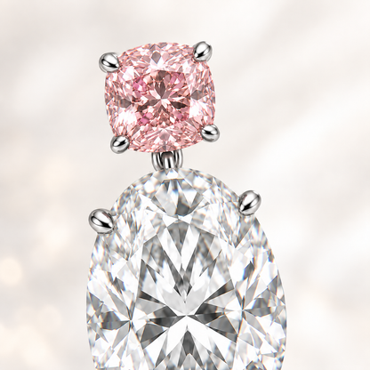 AI close-up illustration of the pink cushion diamond, platinum prongs and short link above the oval drop.