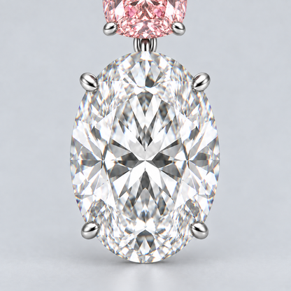 AI close-up illustration of the oval diamond drop and four platinum prongs, with the pink upper stone partly visible.