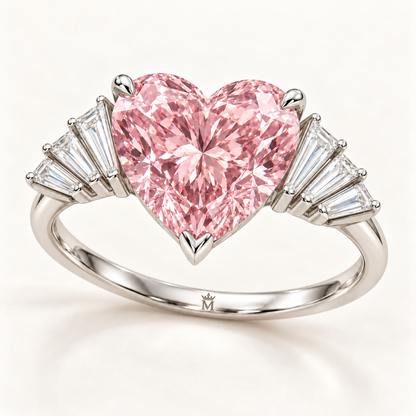 Three-quarter view of the Pink Serenade ring with pink heart and four-baguette fan on each shoulder with official crown-M inner-band engraving