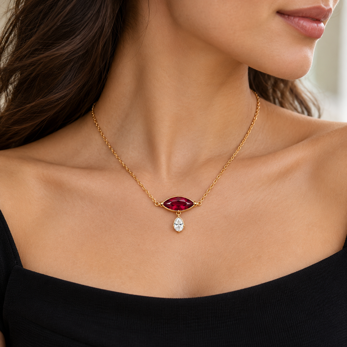 MISSISSI RB09 lab-grown ruby jewelry in yellow gold, adult wearer design visualization