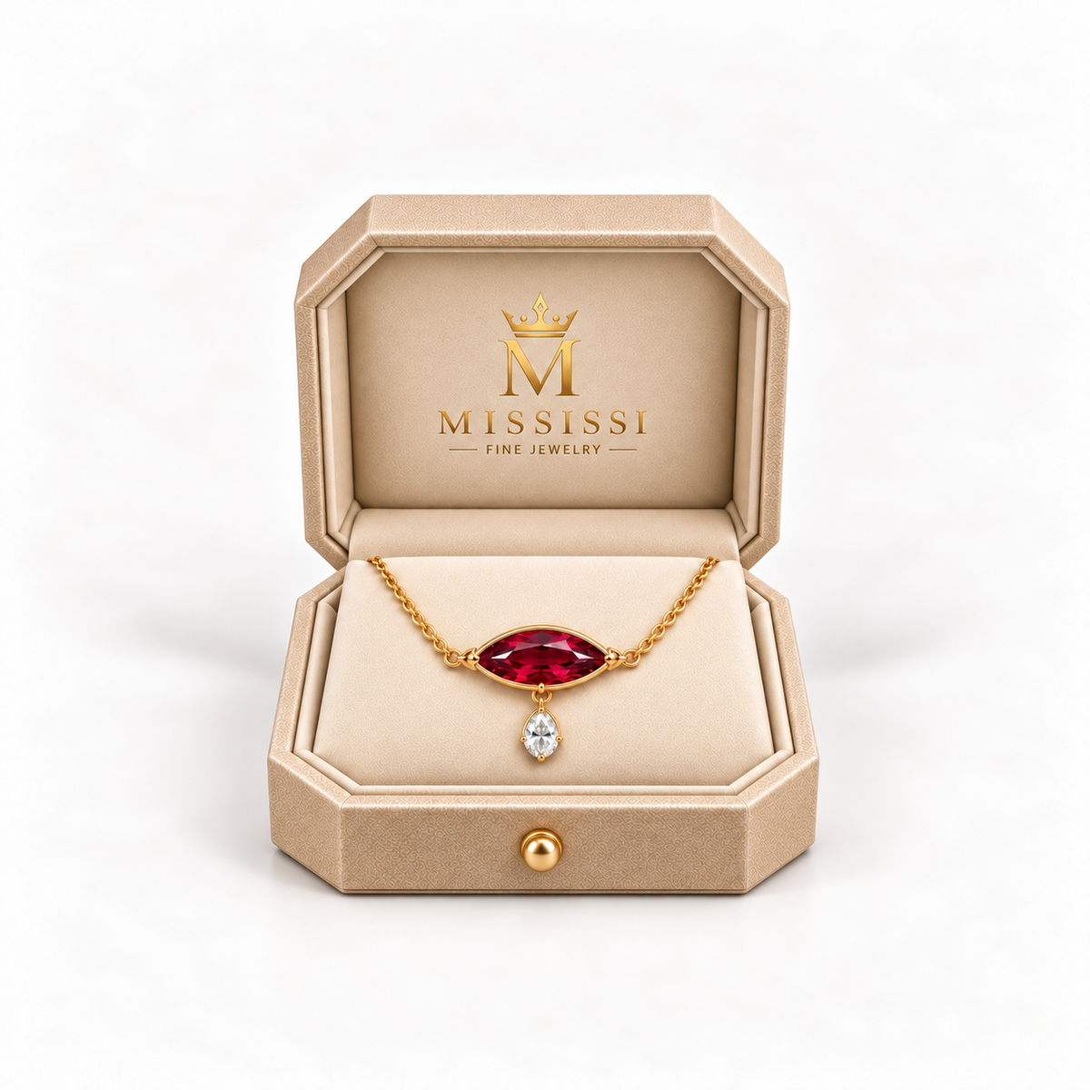MISSISSI Red Balance marquise lab-grown ruby necklace in yellow gold, presented in champagne octagonal packaging with crown M branding; design visualization.