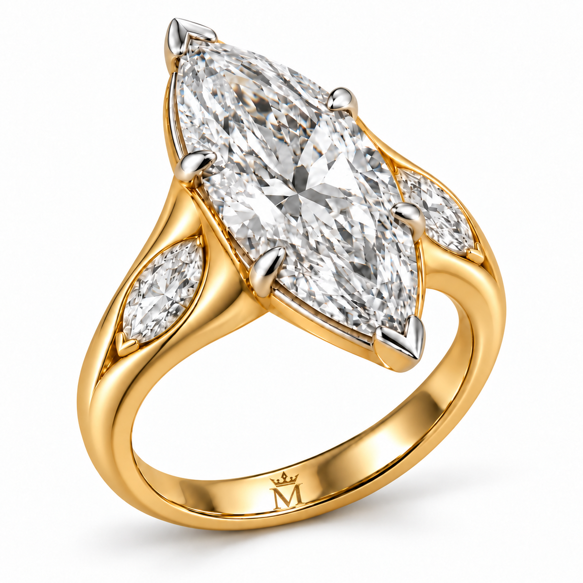 AI concept of the MISSISSI RIVERFOLD three-marquise diamond ring, showing a large center stone, solid sculpted yellow-gold shoulders and a tapered band.