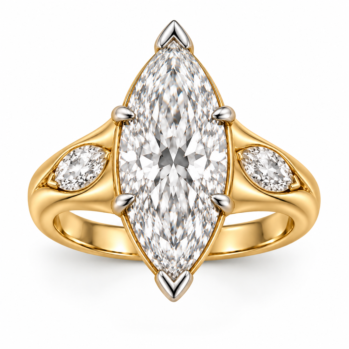 Top view of the AI-generated RIVERFOLD ring concept with one elongated marquise center diamond, two marquise side diamonds and protected center tips.