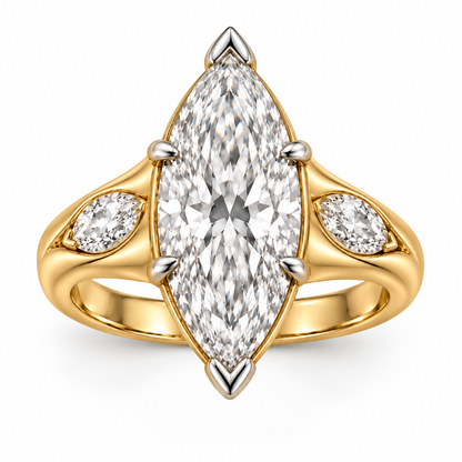 Top view of the AI-generated RIVERFOLD ring concept with one elongated marquise center diamond, two marquise side diamonds and protected center tips.
