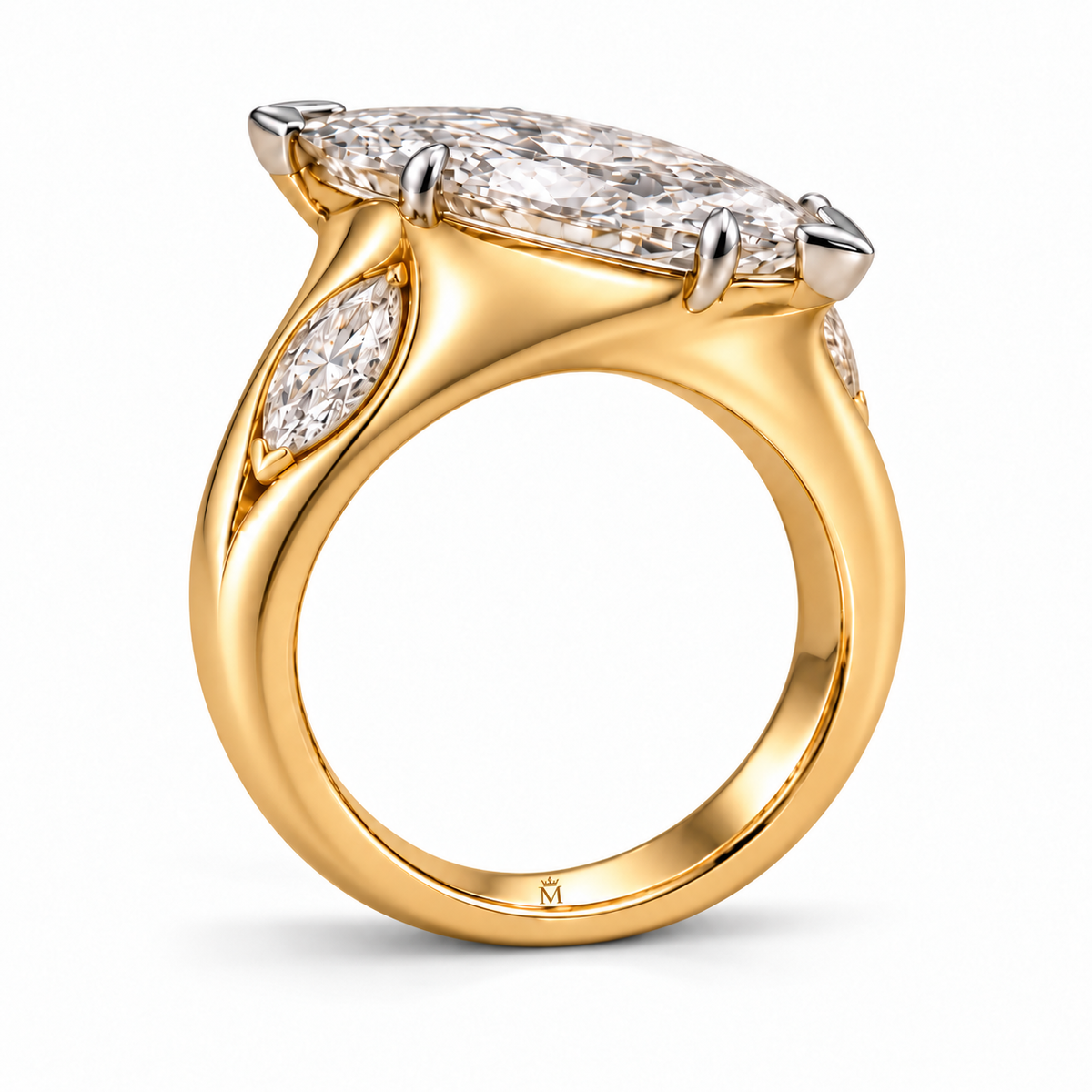 Side perspective of the RIVERFOLD ring AI concept, showing a marquise shoulder diamond, solid sculpted setting and smooth inner band.