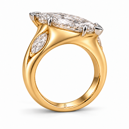 Side perspective of the RIVERFOLD ring AI concept, showing a marquise shoulder diamond, solid sculpted setting and smooth inner band.