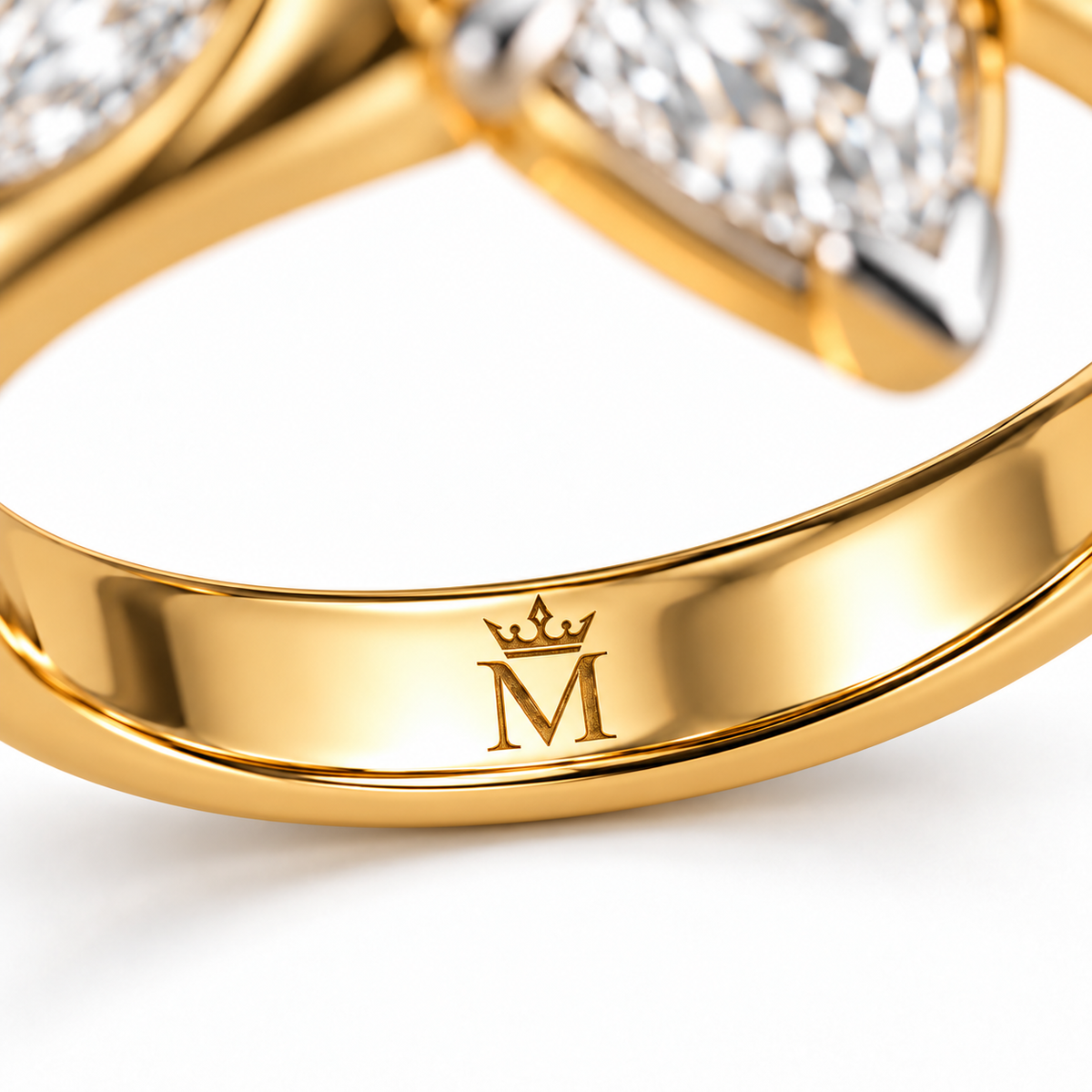 AI design illustration showing the crown-and-M engraving on the inside midpoint of the RIVERFOLD ring band.