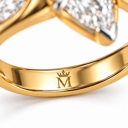 AI design illustration showing the crown-and-M engraving on the inside midpoint of the RIVERFOLD ring band.