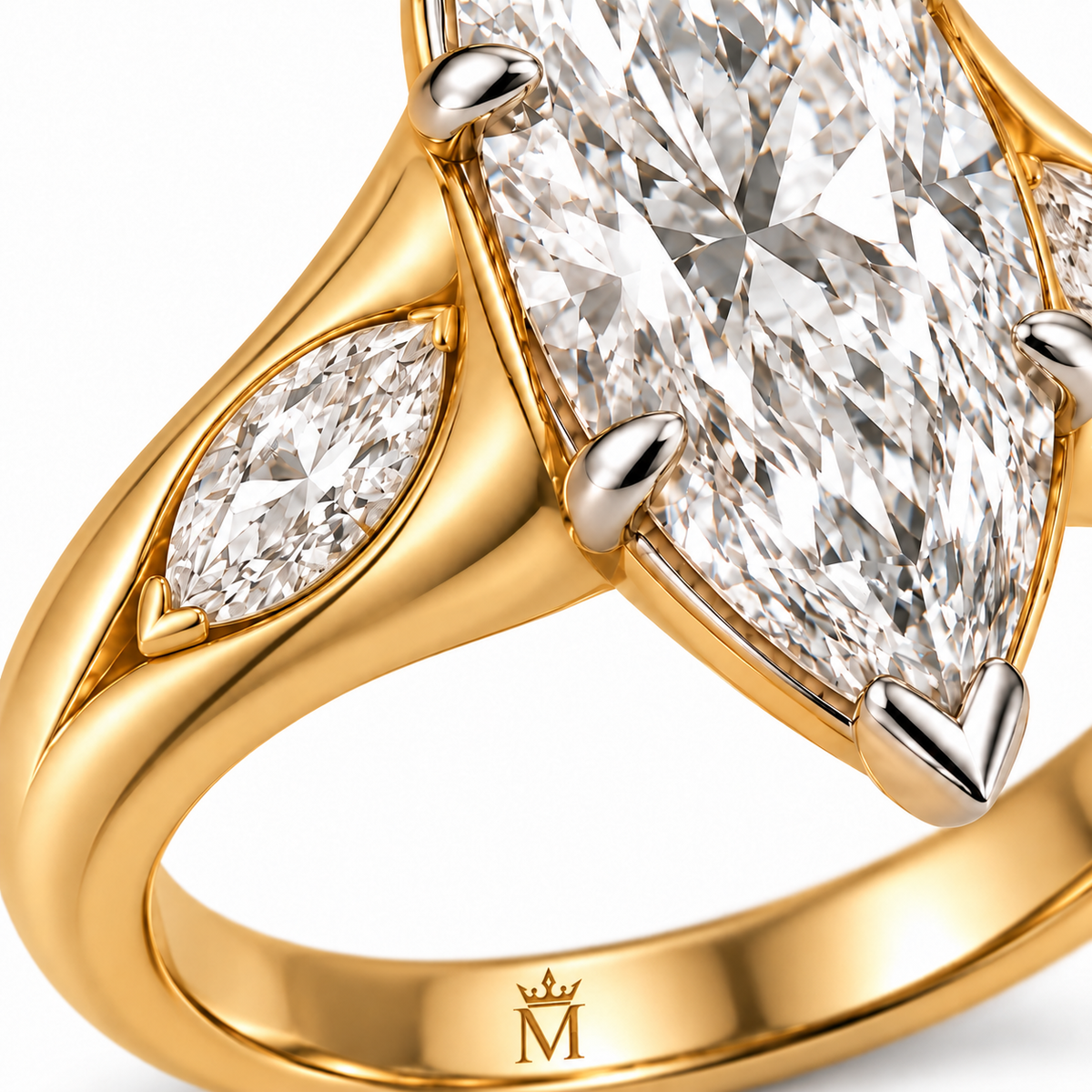 AI concept detail of the RIVERFOLD ring's white-metal V-tip guard, marquise side-diamond setting and curved solid yellow-gold shoulder.