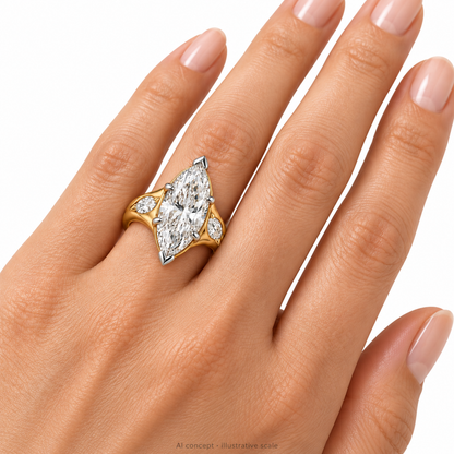 AI-generated on-hand illustration of the RIVERFOLD three-marquise ring; proportions are illustrative and do not verify ring size or fit.
