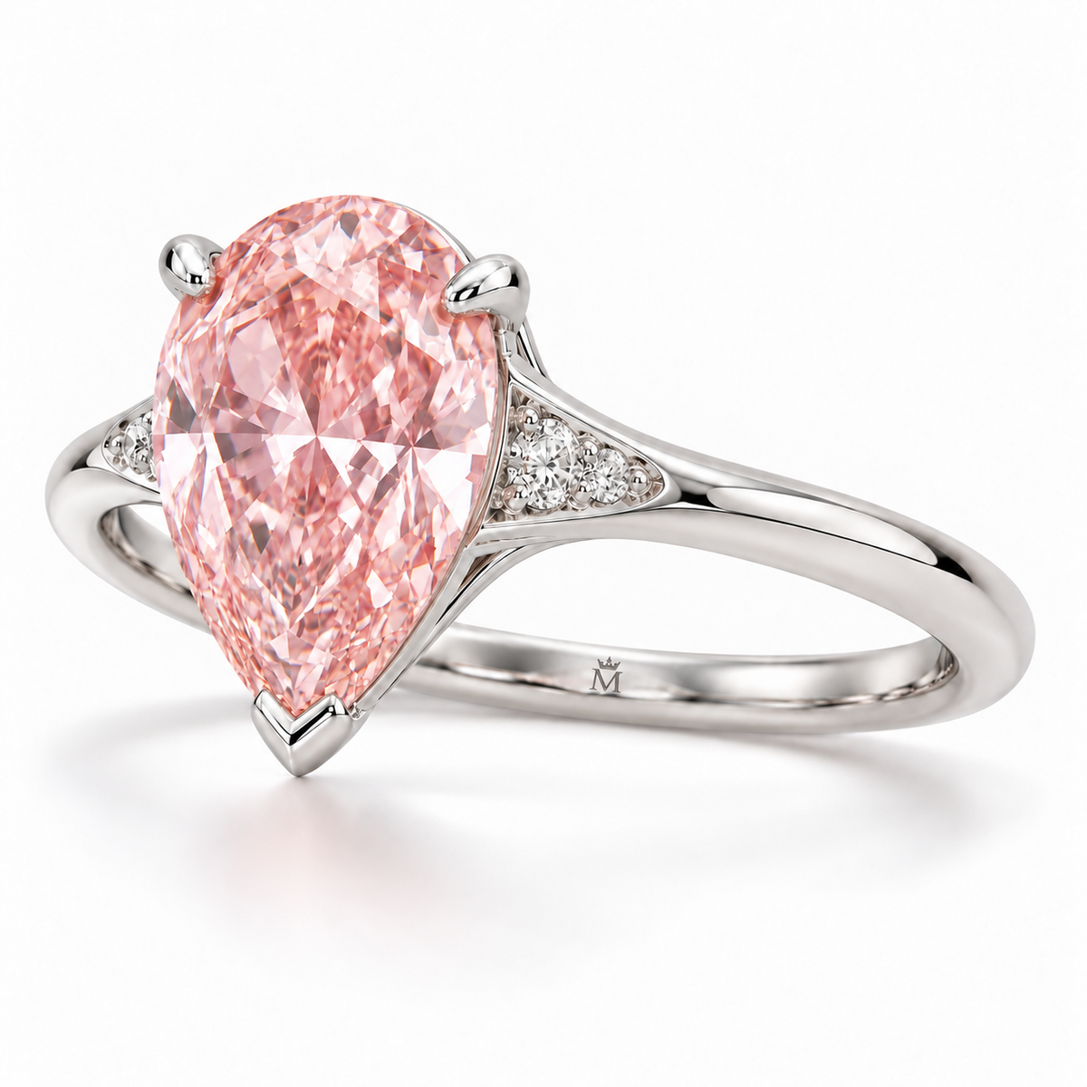 AI design visualization: Rosadew pear pink lab-grown diamond ring, opposite angle with discreet crowned-M engraving inside the lower shank.