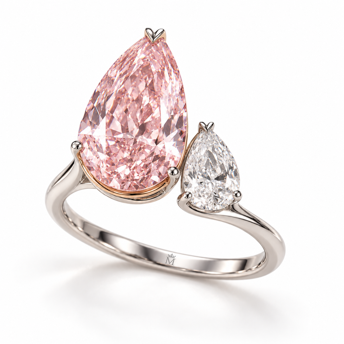 AI design preview of MISSISSI Rose Dialogue pink and white pear lab-grown diamond ring in white-colored metal with a warm pink-stone basket