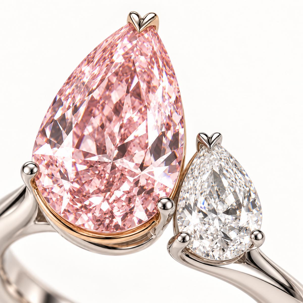 AI design preview close-up of Rose Dialogue unequal pink and white pear stones and protective V-tips
