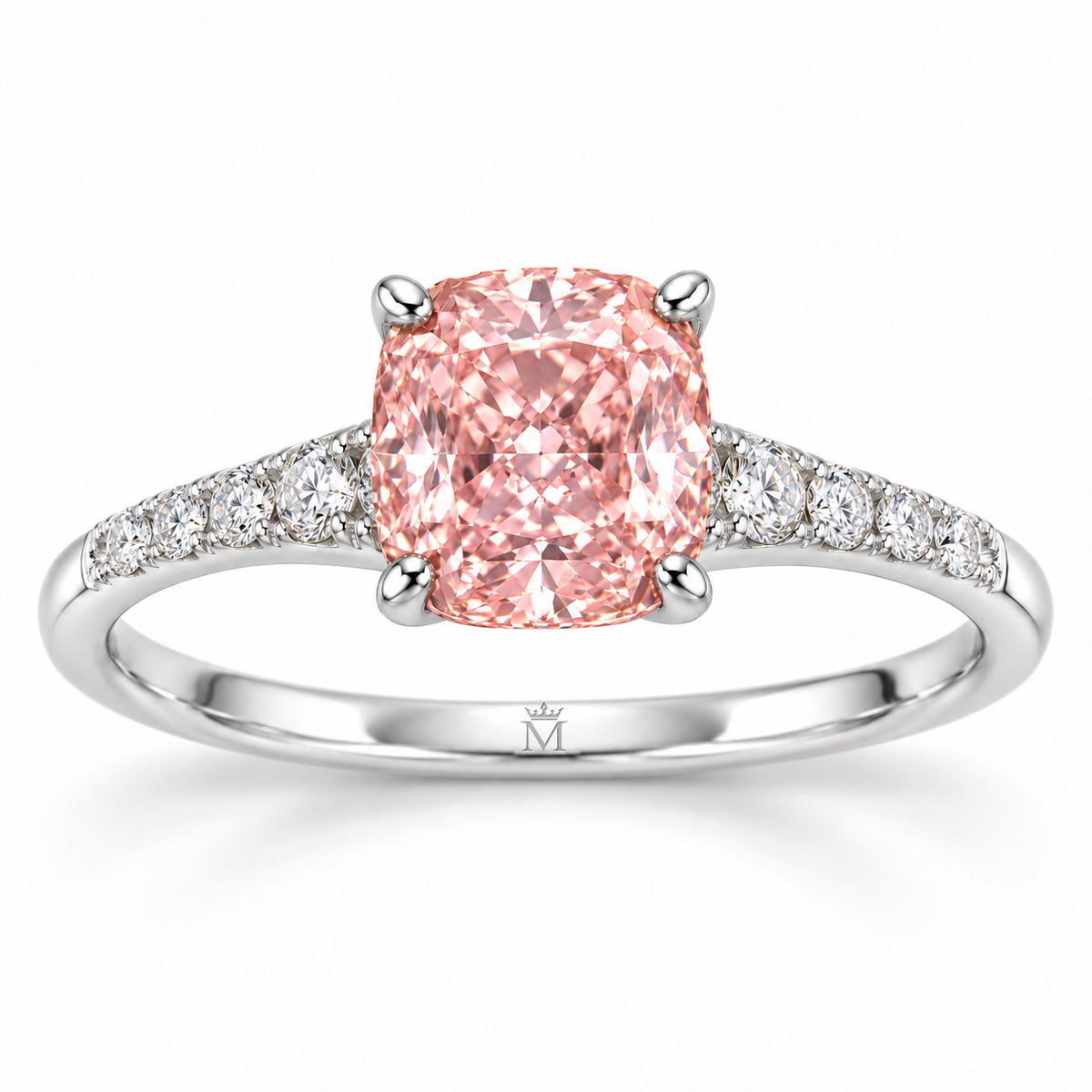 Rosecush pink cushion lab-grown diamond ring front view with discreet crowned-M inner-shank engraving in white gold, AI-generated design visualization