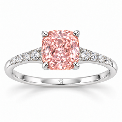 Rosecush pink cushion lab-grown diamond ring front view with discreet crowned-M inner-shank engraving in white gold, AI-generated design visualization