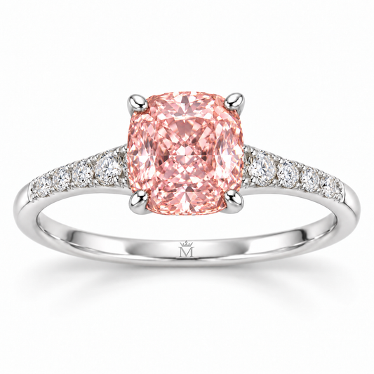 Rosecush pink cushion lab-grown diamond ring front view with discreet crowned-M inner-shank engraving in white gold, AI-generated design visualization