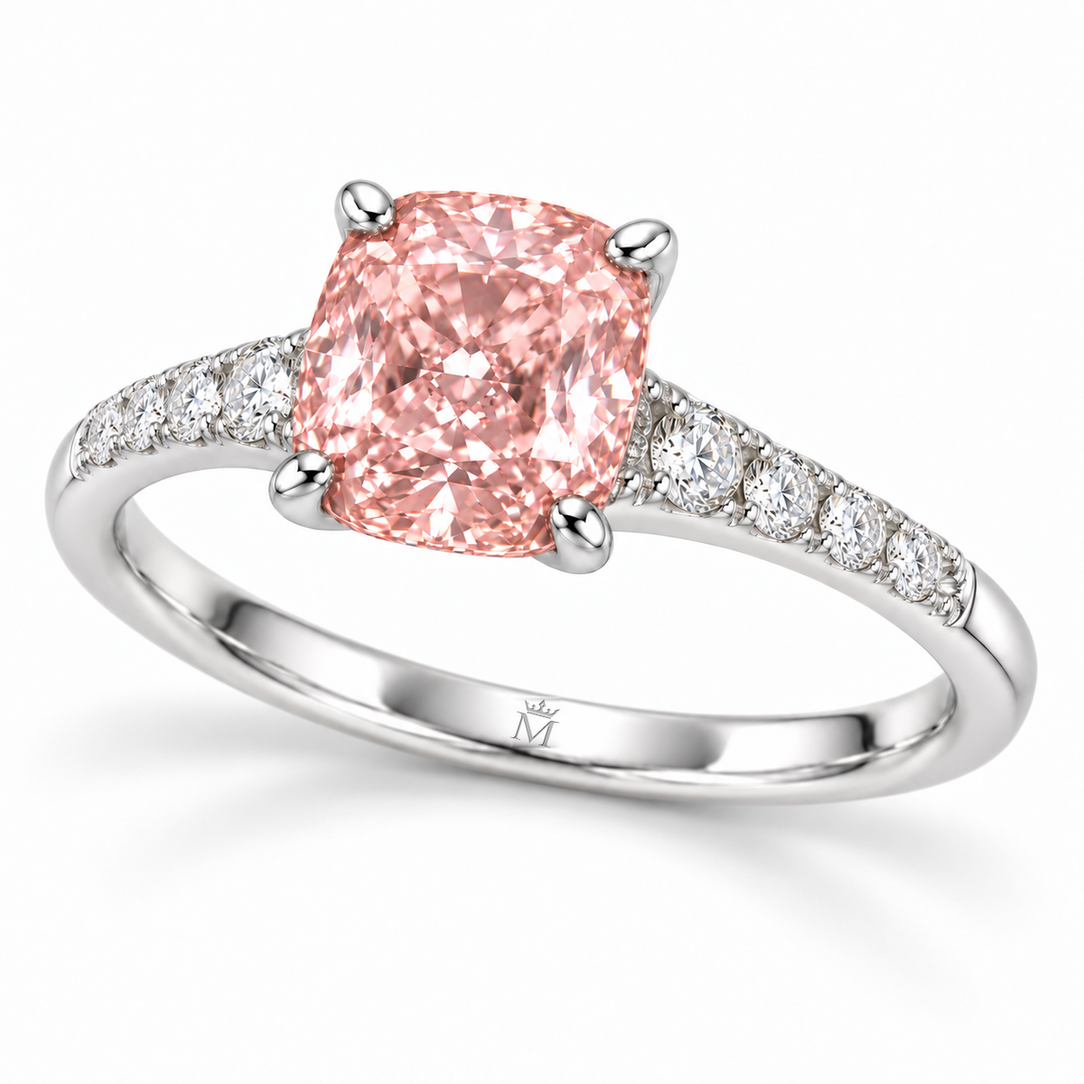 Rosecush pink cushion lab-grown diamond ring oblique view with discreet crowned-M inner-shank engraving, AI-generated design visualization