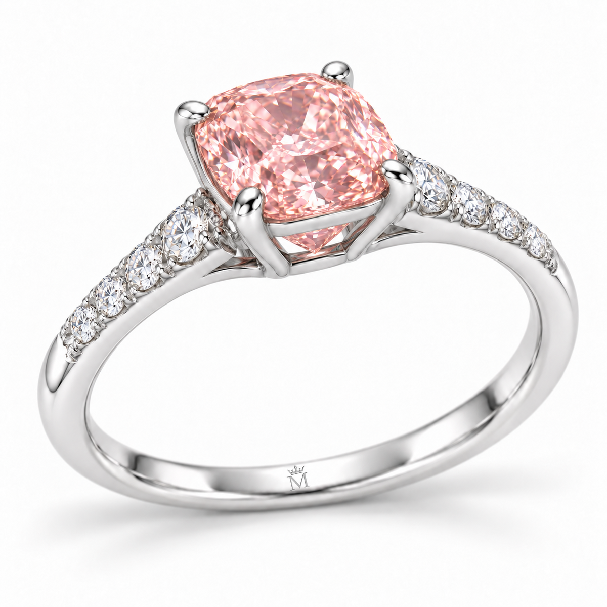 Rosecush pink cushion lab-grown diamond ring profile and open basket with discreet crowned-M inner-shank engraving, AI-generated design visualization