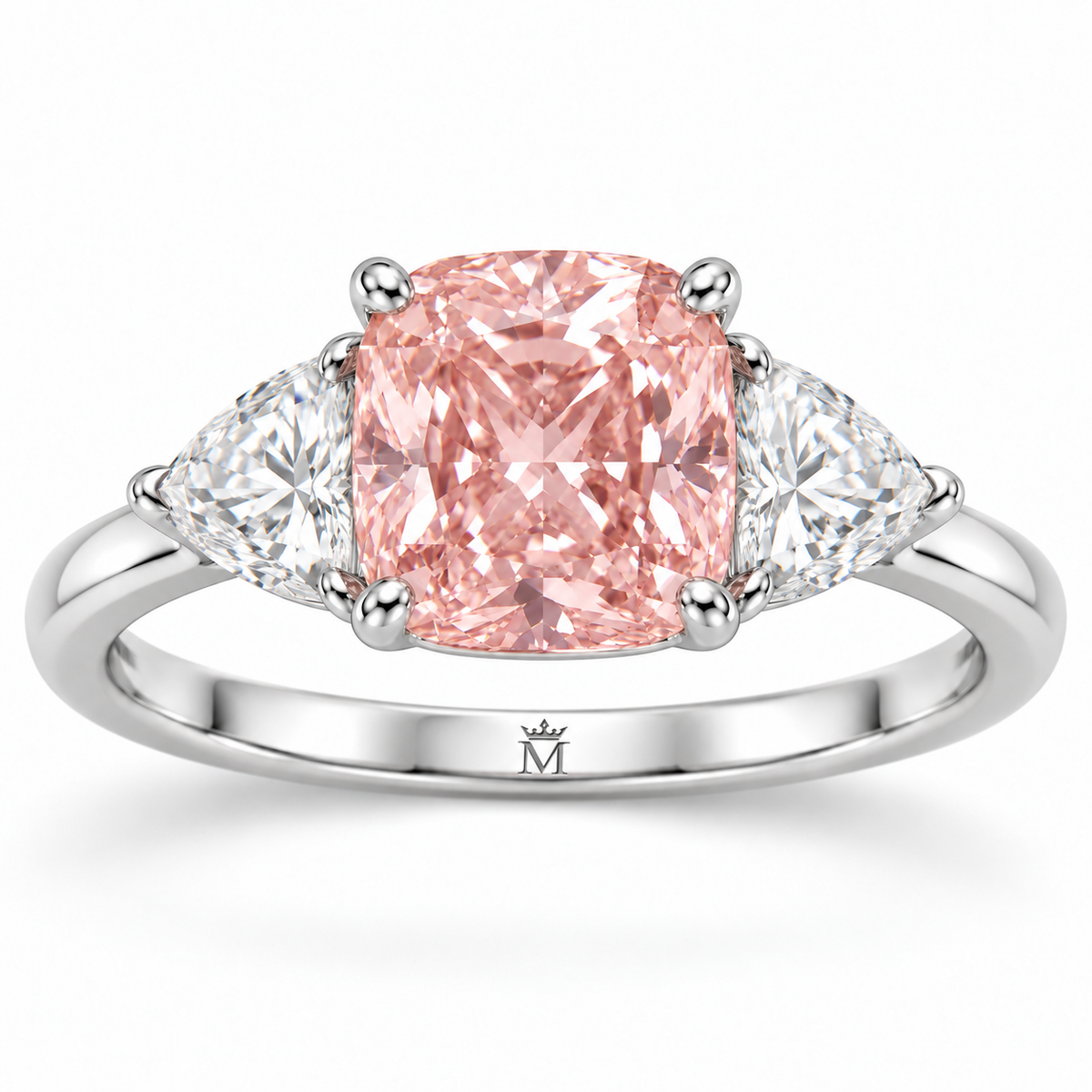 AI design visualization of Rosehaven with a pink cushion lab-grown center, triangular white side stones and a discreet crowned-M engraving inside the white-gold shank.