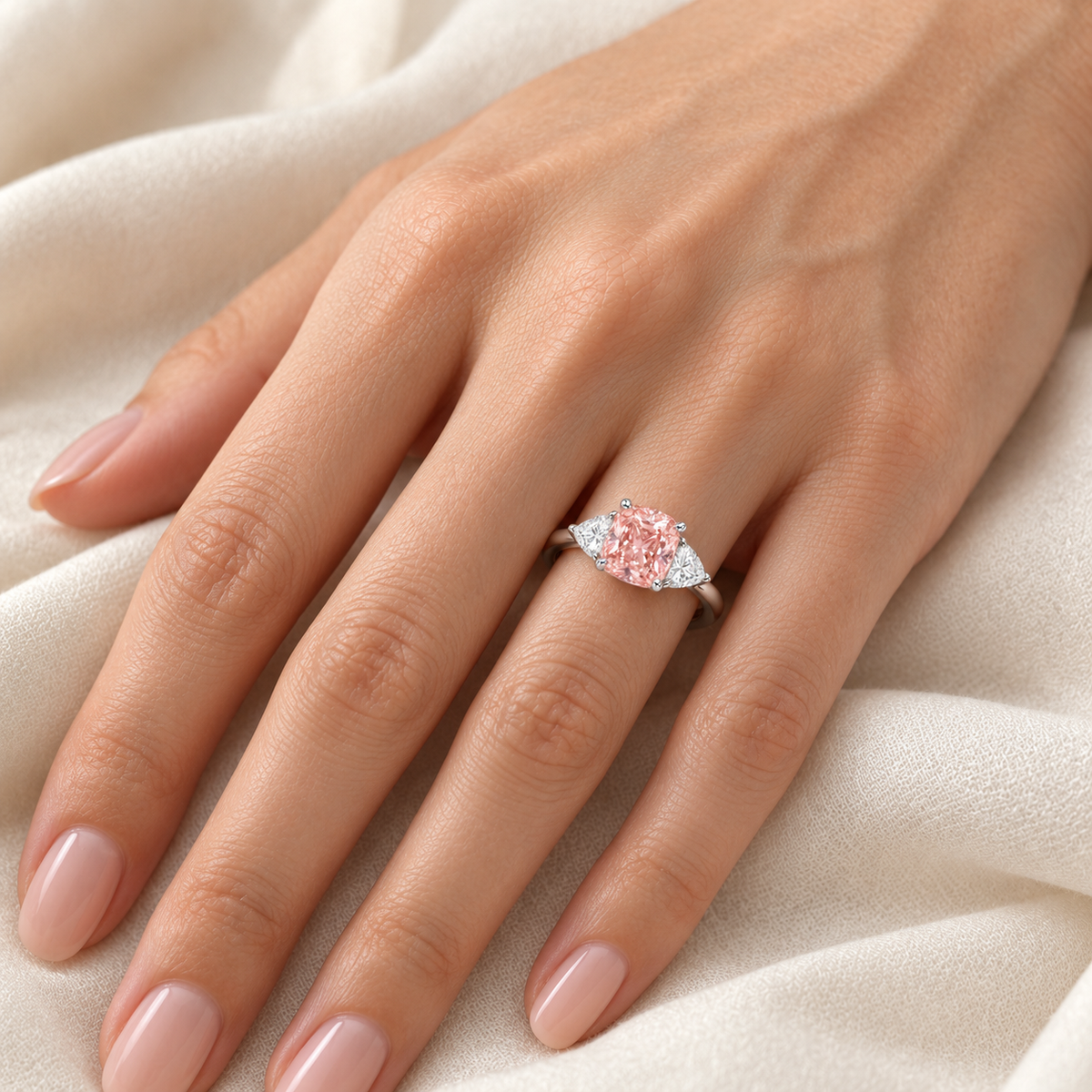 AI on-hand design visualization of the Rosehaven pink cushion three-stone ring in white gold, worn naturally on the ring finger; scale is illustrative.