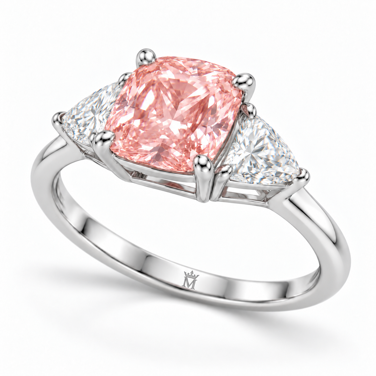AI oblique design view of the Rosehaven pink cushion center and triangular white side diamonds, with a discreet crowned-M engraving inside the white-gold shank.